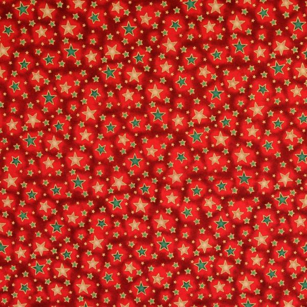 Baumwolldruck Sterne in Grün und Gold auf Rot mit Goldglitzeroptik